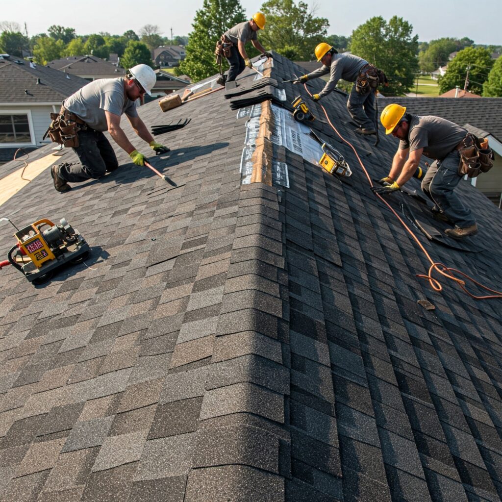 Full CDA roofing team replacing a roof on a lakefront home in Coeur d’Alene Idaho at sunrise