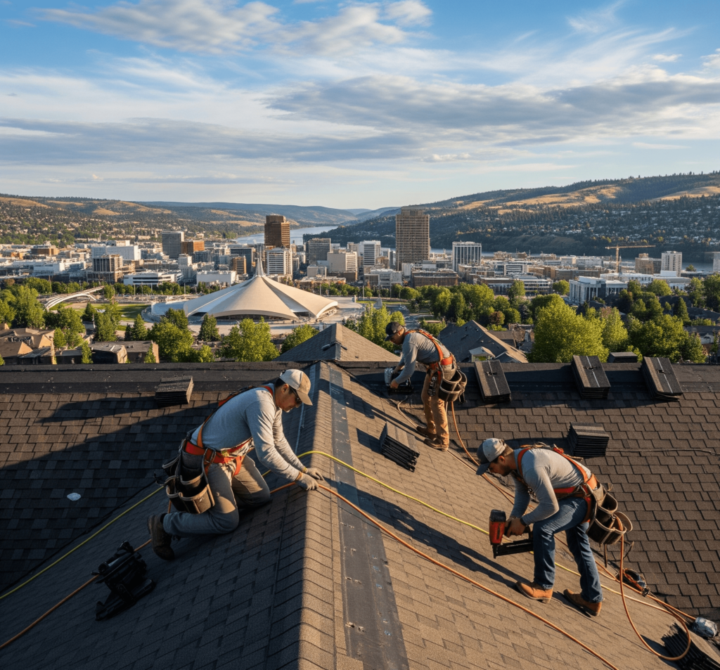Professional Spokane roofing contractors replacing a roof at sunset