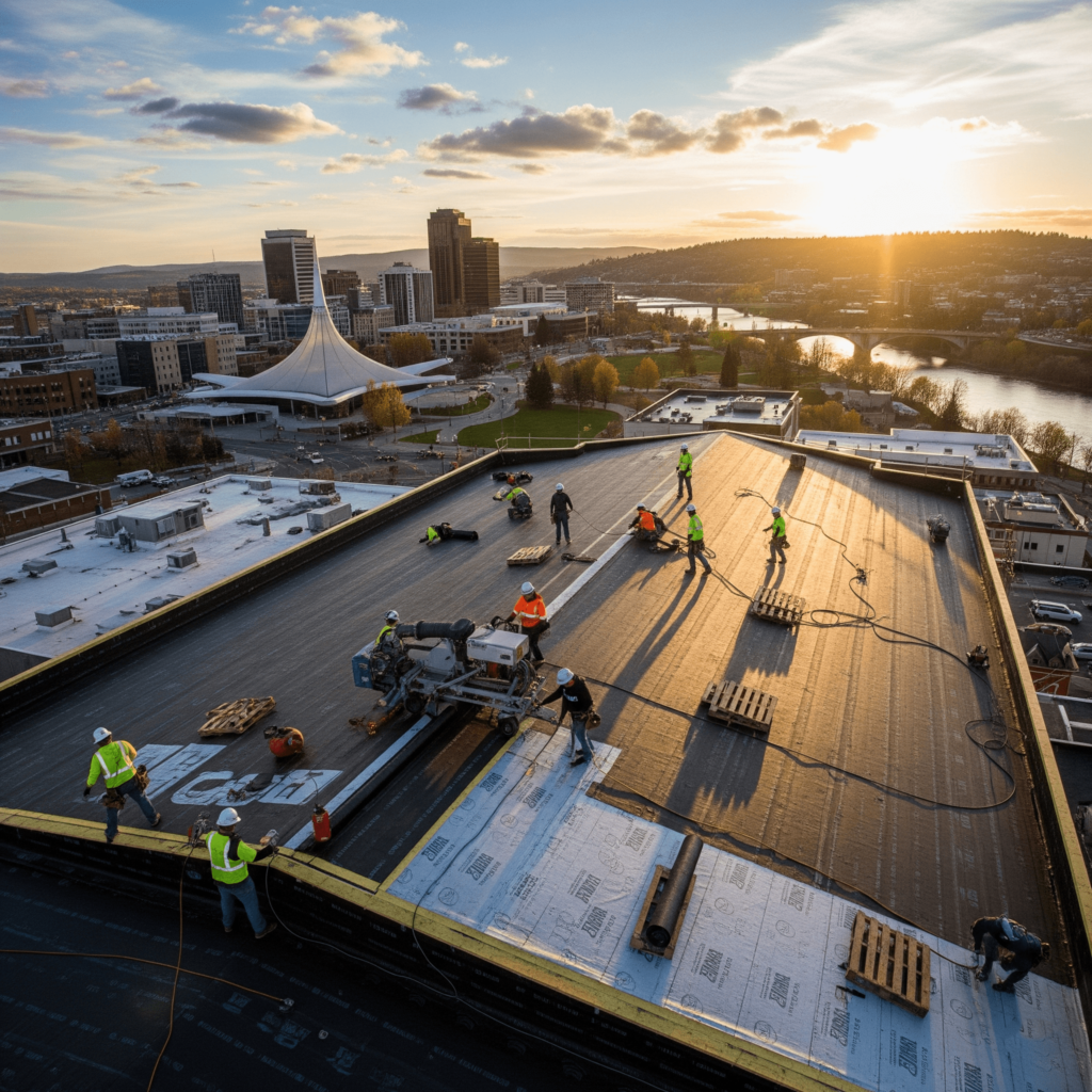 A high-angle drone shot of a commercial roofing spokane crew working on a flat commercial roof at sunset, with the city skyline visible in the background.