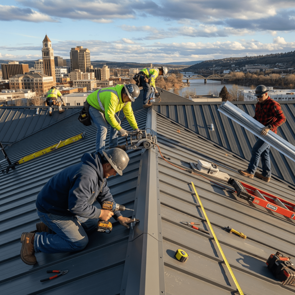An image of a roofing crew working on a metal roof in Spokane, with the city skyline in the background.