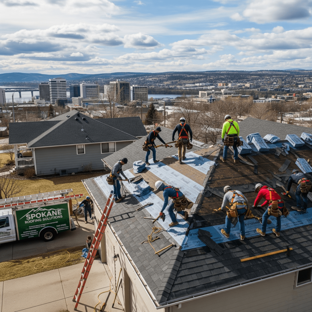A high-angle drone view of a roof repair in Spokane, showing a crew working on a residential roof with a "Spokane Roofing Solutions"